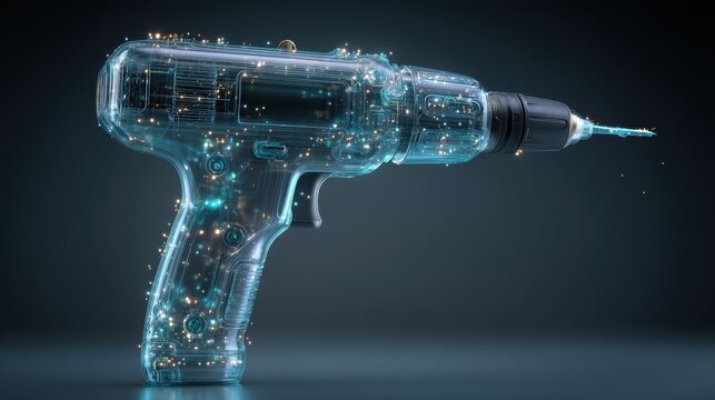 This futuristic power drill features a transparent blue body filled with glowing golden sparkles and internal light effects, presented against a dark minimalist background.