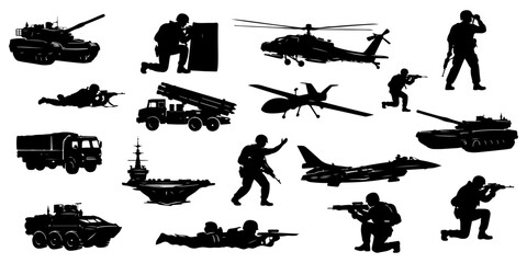 Huge military silhouettes set featuring soldiers in combat poses, army tanks, attack helicopters, drones, jet fighters, and naval warships isolated © Vladislav