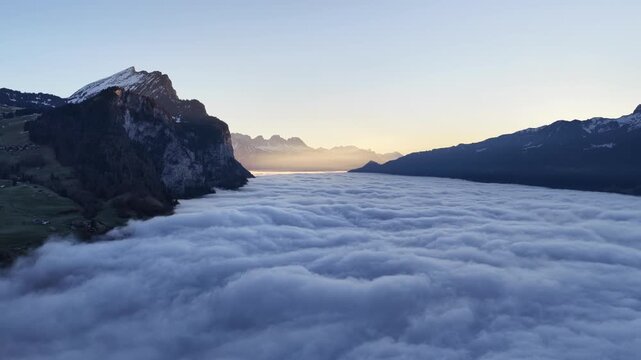 Scenic aerial view of Walensee lake, Switzerland, under morning clouds