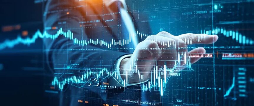 Businessman's hand navigates digital financial graphs with dynamic market data, camera executes a slow pan, creating a cinematic, futuristic atmosphere for stock market analysis.