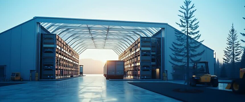 Sunlit warehouse with truck loading, slow pan revealing expansive industrial interior; cinematic scene with gentle ambient motion, ideal for logistics and supply chain visuals.