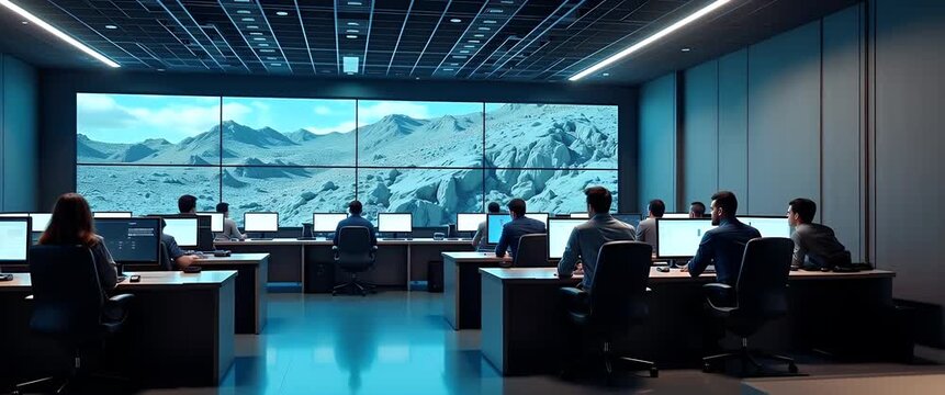 Professionals in a futuristic control room monitor large digital screens displaying lunar terrain, with a slow camera pan capturing their focused motion and ambient screen flicker in a cinematic style