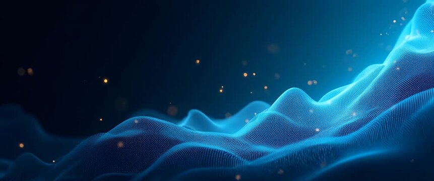 Glowing particles gently drift over undulating digital waves, as the camera slowly pans across a tranquil, cinematic landscape, evoking futuristic technology and ambient motion.