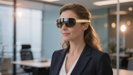 Professional woman in a modern office uses advanced smart glasses for augmented reality, visualizing data and networking with confidence, productivity, and sleek wearable tech