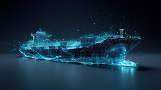 A futuristic digital twin of a container ship rendered with glowing blue light particles against a dark background, representing advanced maritime technology and global trade.