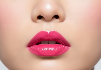 Macro studio shot of sensual lips featuring intense, high-gloss fuchsia lipstick application against smooth, flawless skin.