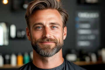 Bearded man smiling at barber shop with stylish haircut and modern ambiance