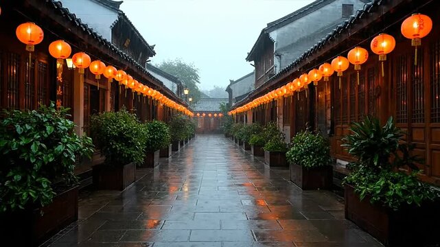 Lanterns illuminate traditional streetscape with buildings and foliage
