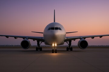 Front view of a modern commercial airplane on runway during twilight with soft gradient sky in background, symbolizing travel and aviation concept. Ai generative