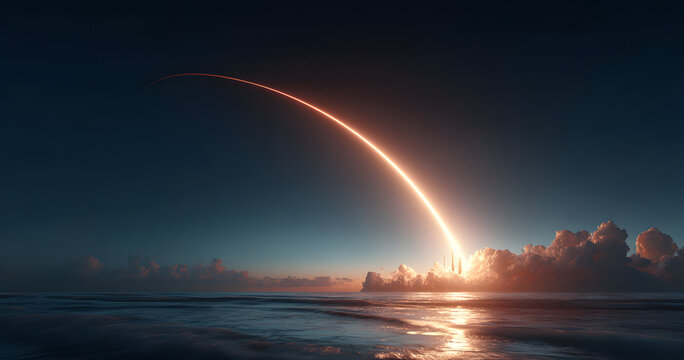 Rocket launch illuminating evening sky with glowing trail, aerospace program concept