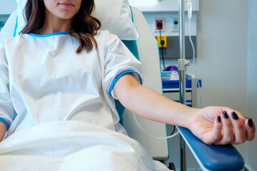 Young woman receiving intravenous therapy in medical clinic, sitting in treatment chair with arm extended, IV line inserted into vein, partial face