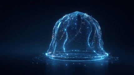 Naklejka na ściany i meble A futuristic blue energy shield or dome composed of glowing particles and light trails rests on a circular digital platform. The abstract structure shines against a dark background.