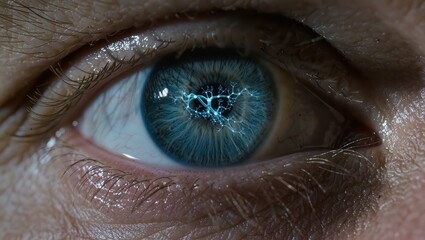 Naklejka premium Close up of a blue iris with a glowing, interconnected digital network reflected in the pupil, symbolizing ai, data processing, cybernetic vision and futuristic biometric technology