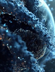 Fototapeta premium An abstract digital illustration of a blue planet spinning in space, featuring glowing city lights and swirling particles that create a futuristic and high-tech atmosphere.
