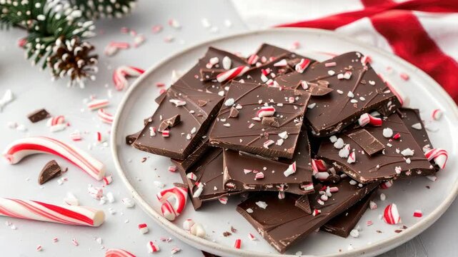 Festive plate of peppermint chocolate bark with candy cane pieces