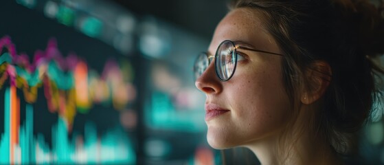 A close-up side profile of a focused woman wearing round glasses while analyzing colorful data charts and financial metrics on a digital screen in a dark office environment.