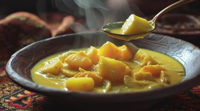 Hot and steaming potato curry served in a traditional wooden bowl