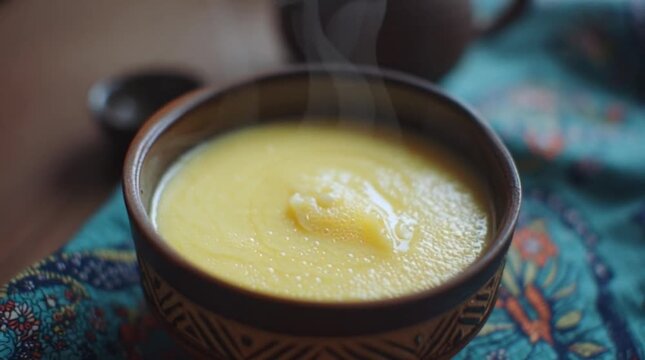 Spoon scooping warm yellow porridge from rustic bowl