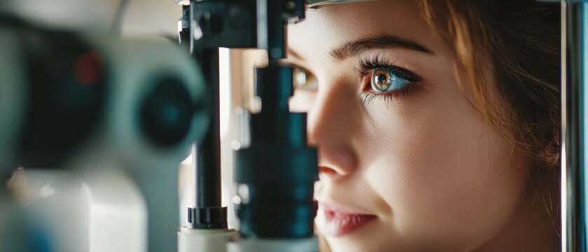 A young woman undergoes a professional eye examination using a slit lamp in a clinical setting. The close-up shot highlights her detailed iris and the medical equipment used by the doctor.