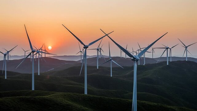 Un parque e&oacute;lico de turbinas blancas gira sobre colinas verdes bajo un atardecer dorado, destacando la energ&iacute;a renovable en un paisaje sereno.