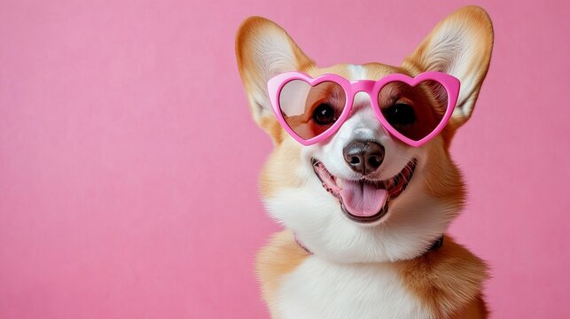 A happy corgi wearing pink heart-shaped sunglasses against a pink background