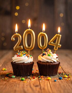 Two cupcakes topped with lit candles spelling the year 2004