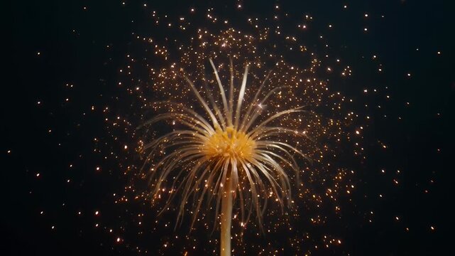 Firework exploding in night sky with vibrant sparks glowing trails