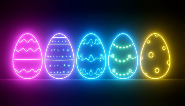 Five glowing easter eggs are displayed in a row with vibrant colors of pink purple blue green and yellow on a dark surface