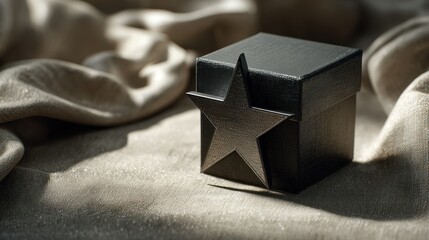 A small black textured gift box featuring a large metallic star on its side sits on a draped, shimmering beige fabric under soft, cinematic lighting with deep shadows.
