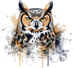 Obraz premium Majestic owl with vibrant yellow eyes against abstract watercolor background