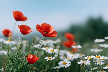 Obraz premium Red poppies and white daisies fill a green field with bright colors during springtime