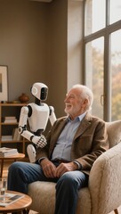 Obraz premium Senior man smiling as a white humanoid robot gently rests its hand on his arm, illustrating companionship, care, and supportive assistive technology in a modern home setting