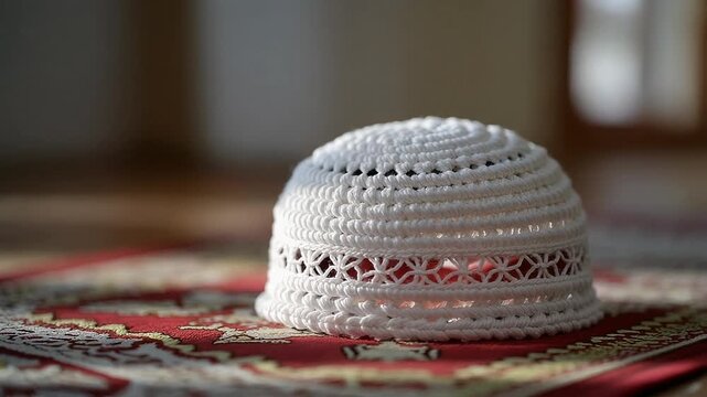 Intricate white wicker lamp on red patterned rug