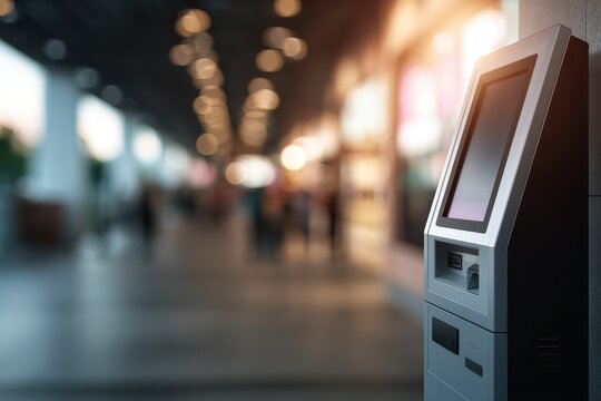 A modern self-service kiosk stands in a blurred public hallway with warm ambient lighting. The sleek terminal features a touchscreen and card reader for automated transactions and information.