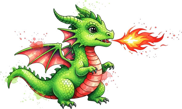 Vibrant green dragon breathing fire with dynamic wings and colorful splashes