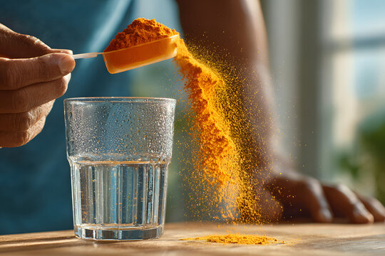 Sportsman pours scoop of supplement powder into glass of water in home kitchen. Concept of mixing electrolytes isotonic creatine glutamine bcaa slimming drink for fitness energy and muscle recovery.