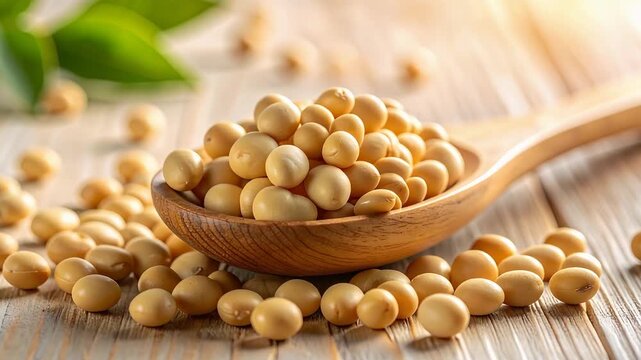 木製スプーンに盛られた乾燥大豆が白背景に整然と並ぶ素材感のある食材シーン