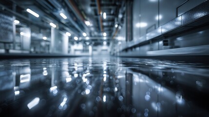Fototapeta premium A low perspective view of a wet, reflective floor in a modern industrial facility or laboratory, featuring cool blue lighting and blurred background machinery with bokeh highlights.