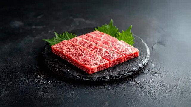 黒い石皿に置かれた霜降り牛肉の生肉ブロックが高級感を放つ食材カット