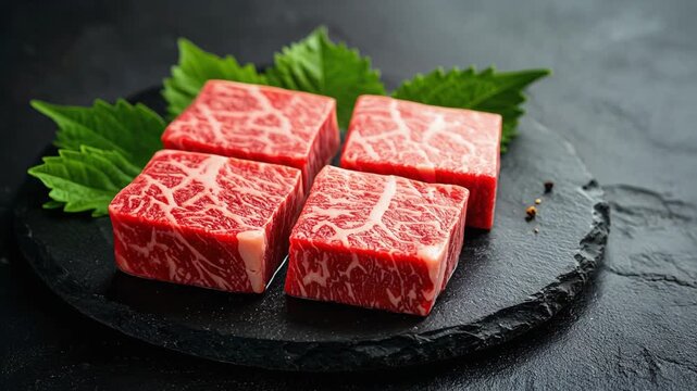 角切りにされた霜降り牛肉が整然と並ぶ調理前の高品質精肉表現