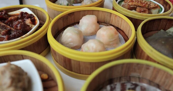 Chinese food Dim Sum in Bamboo Steamed Bowl 