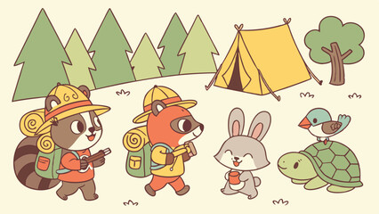 Fototapeta premium Cute Animals Camping in Forest Vector Illustration for Children Education and Nursery Decor Featuring Raccoon Fox Rabbit and Turtle Hiking Together in Nature with Yellow Tent