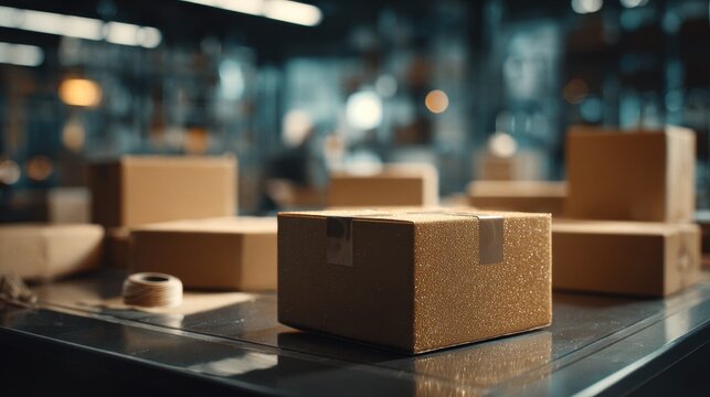 A shimmering gold package stands out among standard brown cardboard boxes on a metal surface in a distribution center, highlighting a special delivery or premium shipping service.