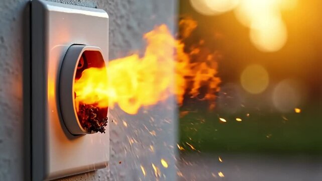 Fire bursts from wall socket in backyard during sunset while sparks fly around the area