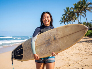 A young female surfer stands posing on the shore of a tropical island.