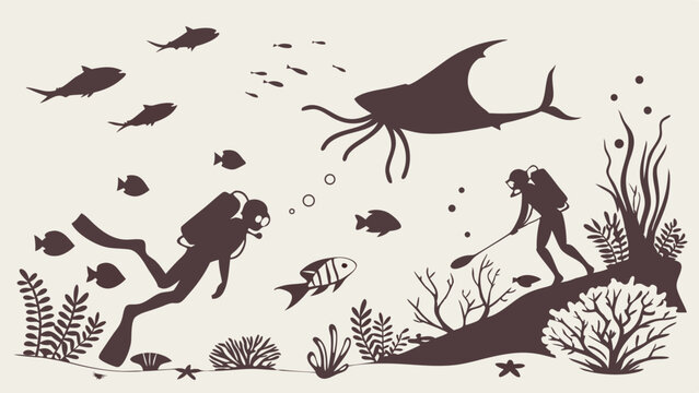 Scuba Divers Exploring Deep Ocean Floor Searching for Ancient Fossils and Giant Prehistoric Marine Life Discovery Adventure Silhouette Vector