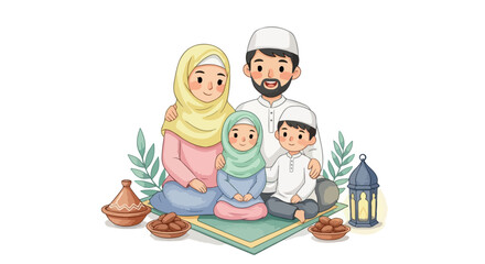Obraz premium Illustration of a Muslim family sitting on a prayer mat with traditional Ramadan items around them on a white background.