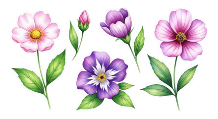 Obraz premium Vibrant illustration of purple and pink flowers with green leaves isolated on transparent background
