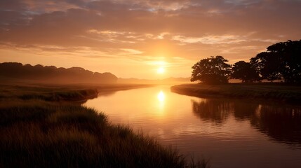 Obraz premium Golden sunrise illuminates a serene river reflecting the warm misty sky and surrounding natural landscape