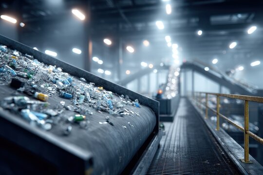 Industrial conveyor belt transports mixed recyclable waste including glass and plastic bottles through a modern processing facility with bright lighting and metal walkways.